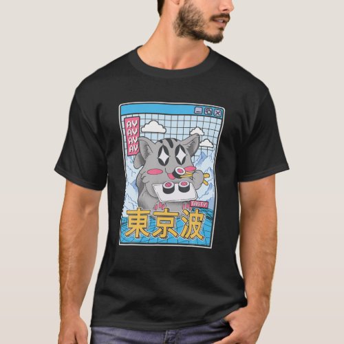 Happy Cat Eating Sushi Vaporwave Aesthetic Anime K T_Shirt
