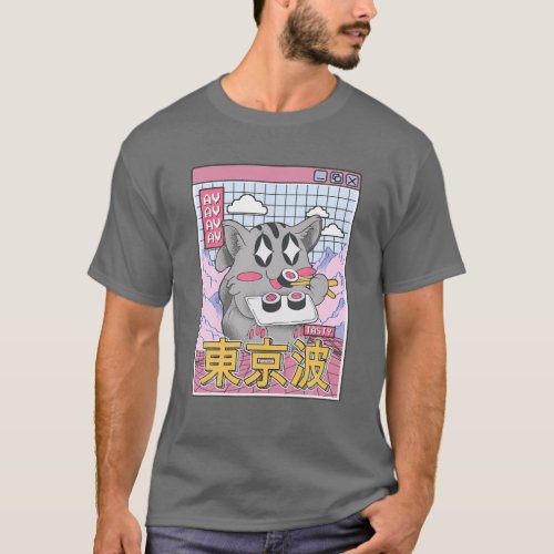 Happy Cat Eating Sushi Vaporwave Aesthetic Anime K T_Shirt