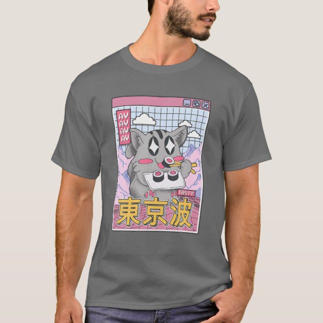 Happy Cat Eating Sushi Vaporwave Aesthetic Anime K T-Shirt (Front)