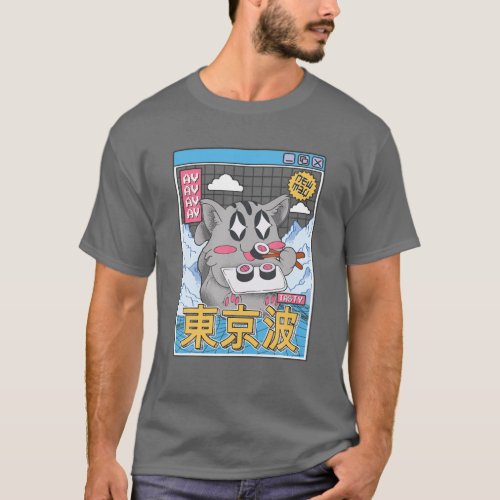 Happy Cat Eating Sushi Vaporwave Aesthetic Anime K T_Shirt