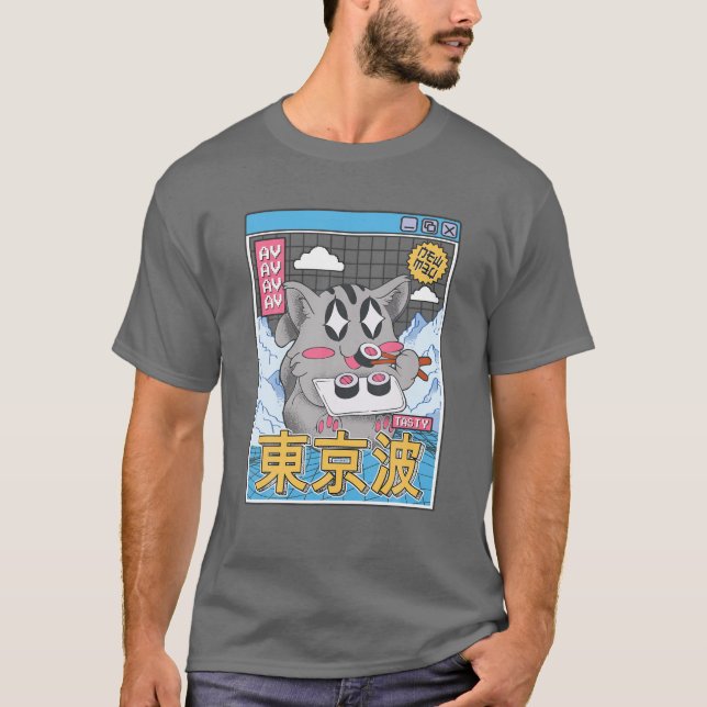 Happy Cat Eating Sushi Vaporwave Aesthetic Anime K T-Shirt (Front)