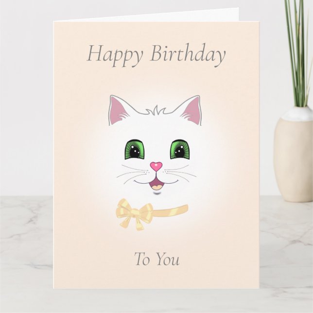 Happy Cat Face on Light Beige Birthday Card (Front)