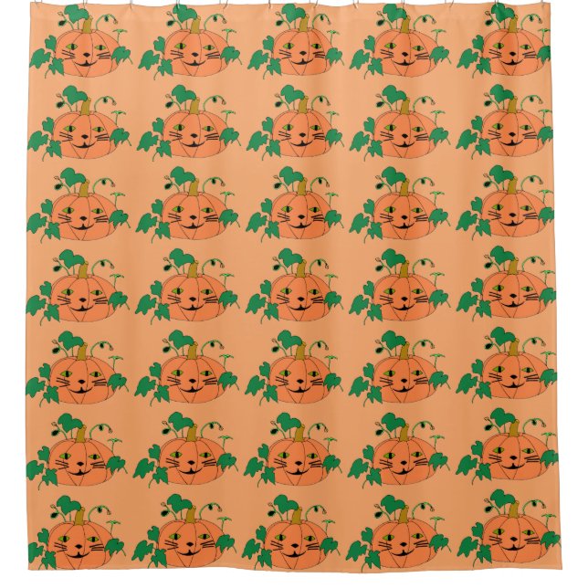 Happy Cat Face Pumpkins Halloween Shower Curtains (Front)