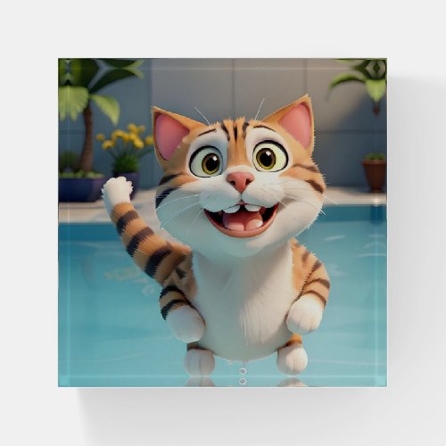 Happy Cat Flying Swimming Diving in Pool Funny Paperweight