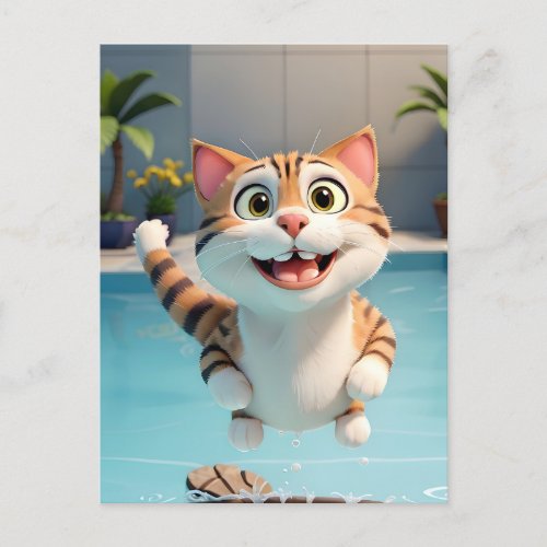 Happy Cat Flying Swimming Diving in Pool Funny Postcard