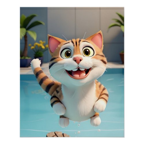 Happy Cat Flying Swimming Diving in Pool Funny Poster