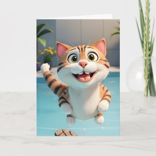 Happy Cat Flying Swimming Diving Pool Funny Blank Card