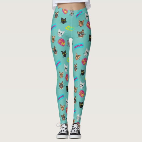 Happy Cat Heads Redux _ With Text Leggings