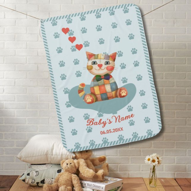 Happy Cat Hearts Paw Prints Name Date Baby Blanket (Creator Uploaded)