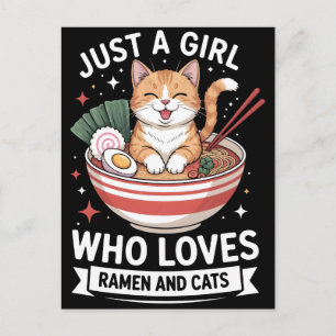 Happy cat in ramen bowl with noodles and chopstick holiday postcard
