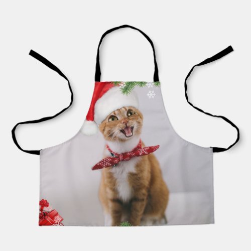 Happy cat in red christmas hat apron