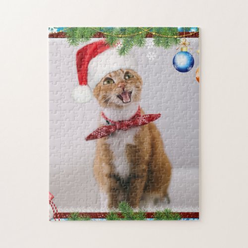 Happy cat in red christmas hat jigsaw puzzle