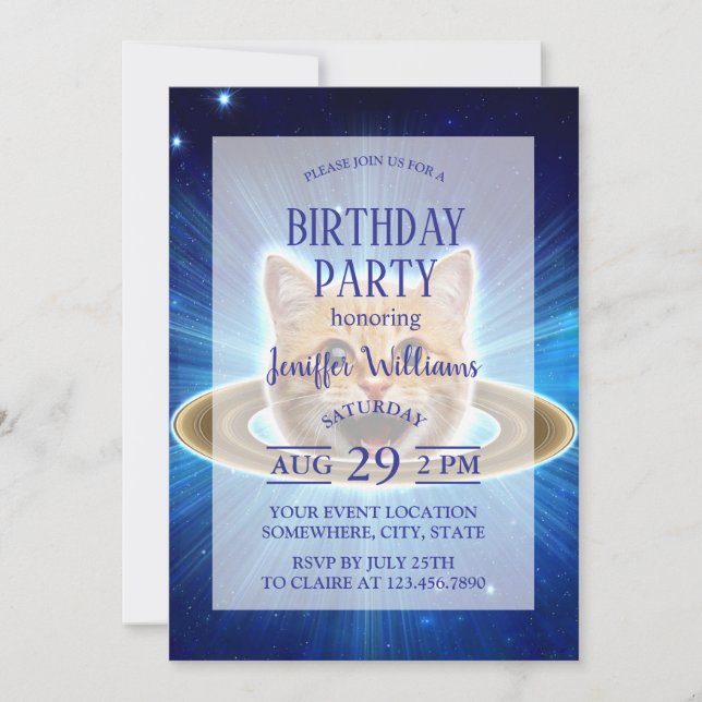 Happy cat in space.                                invitation (Front)