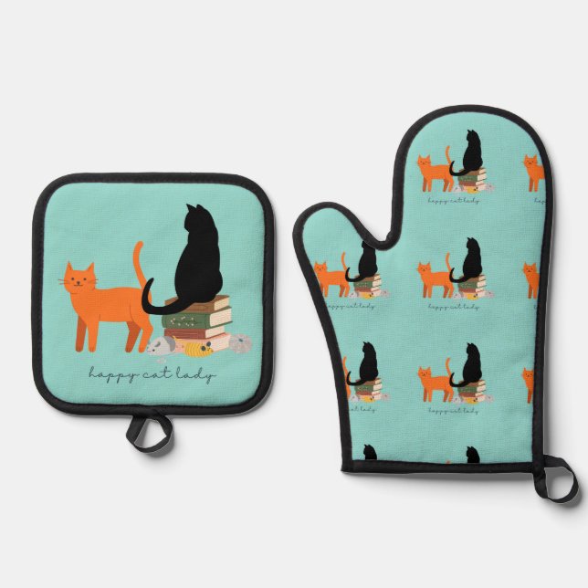 Happy Cat Lady Oven Mitt & Pot Holder Set (Front)
