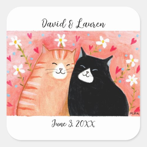 Happy Cat Lover Couple Unique Custom Wedding Favor Square Sticker