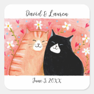 Happy Cat Lover Couple Unique Custom Wedding Favor Square Sticker