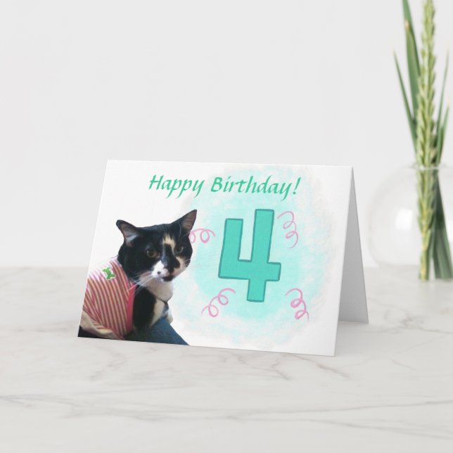 Happy Cat Number Four Ribbons Birthday Card (Front)
