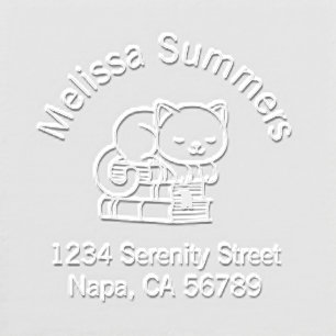 Happy Cat on top of A Book Stack Address Bookplate Embosser