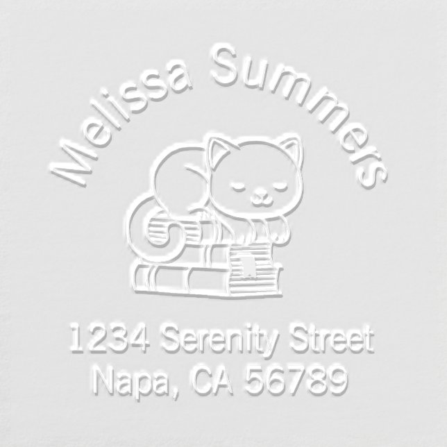 Happy Cat on top of A Book Stack Address Bookplate Embosser (Design)