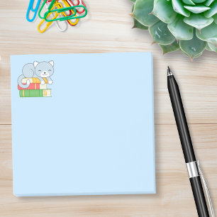 Happy Cat on top of a Book Stack Blue Post-it Notes