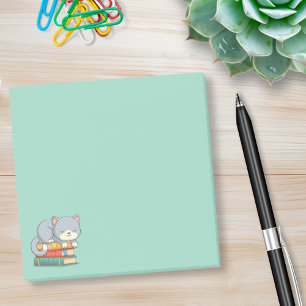 Happy Cat on top of a Book Stack Green Post-it Notes