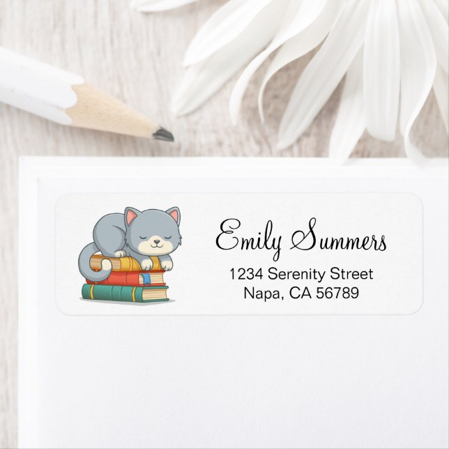 Happy Cat on top of a Book Stack Label (Insitu)