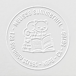 Happy Cat on top of A Book Stack Round Address Embosser