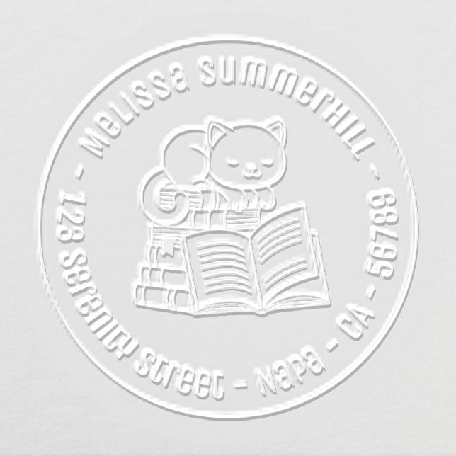 Happy Cat on top of A Book Stack Round Address Embosser (Design)