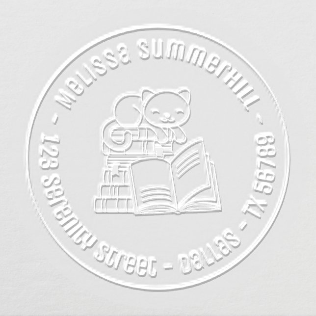 Happy Cat on top of A Book Stack Round Address Embosser (Design)
