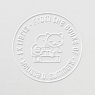 Happy Cat on top of Books Bookplate Embosser