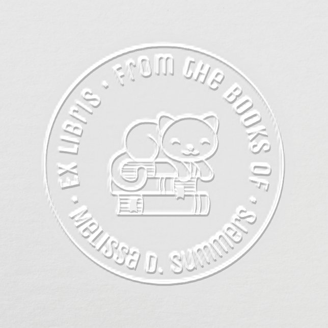 Happy Cat on top of Books Bookplate Embosser (Design)