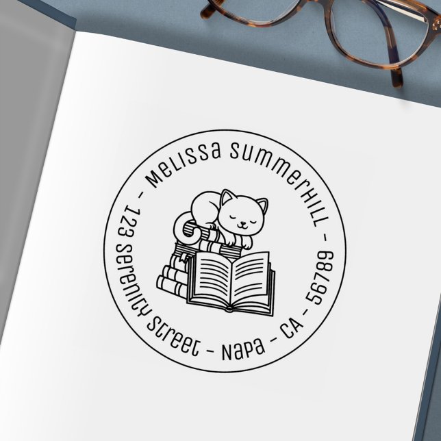 Happy Cat on top of Books Round Address 1 Self-inking Stamp (Creator Uploaded)