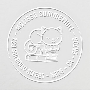 Happy Cat on top of Books Round Address Embosser