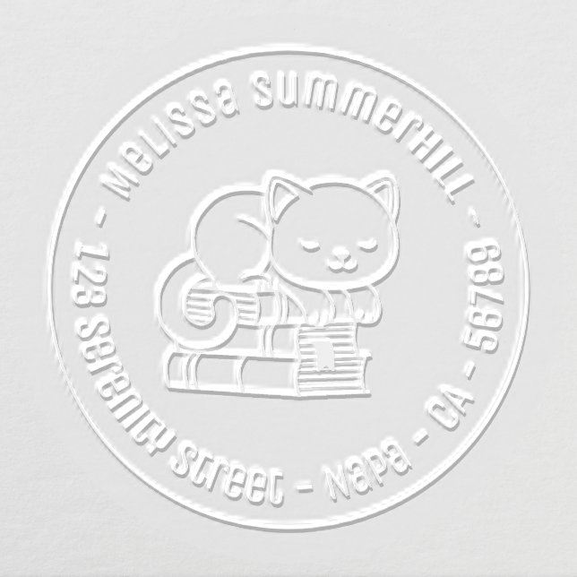 Happy Cat on top of Books Round Address Embosser (Design)