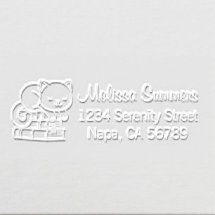 Happy Cat on top of Stack of Books Address 2 Embosser