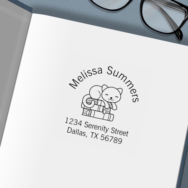 Happy Cat on top of Stack of Books Address Self-inking Stamp (Creator Uploaded)