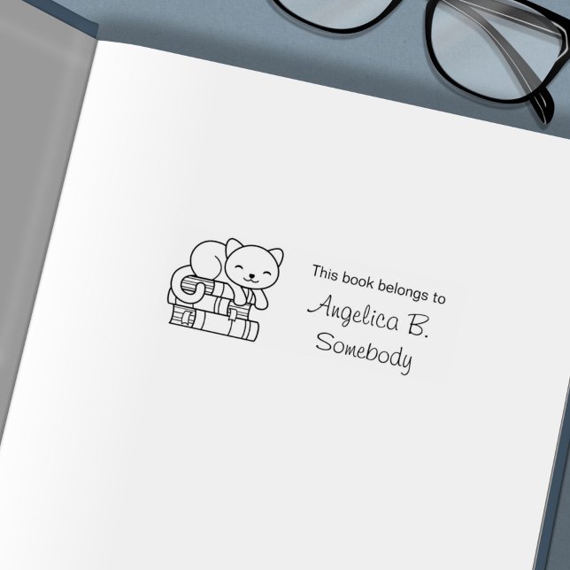Happy Cat on top of Stack of Books - Bookplate Self-inking Stamp (Creator Uploaded)