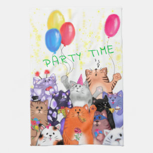 Happy Cat Party Cartoon Drawing - Cute Funny Cats Kitchen Towel