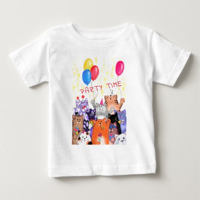 Happy Cat Party Cartoon Drawing - Funny Cats  Baby T-Shirt (Front)