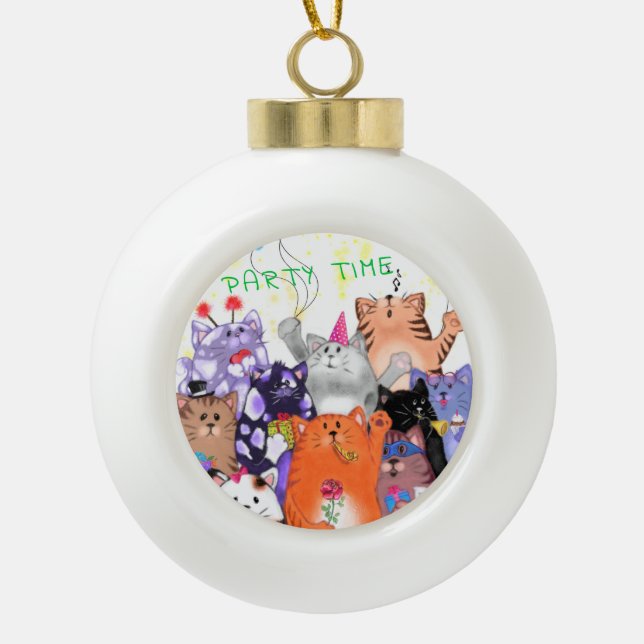 Happy Cat Party Cartoon Funny Cats  Ceramic Ball Christmas Ornament (Front)