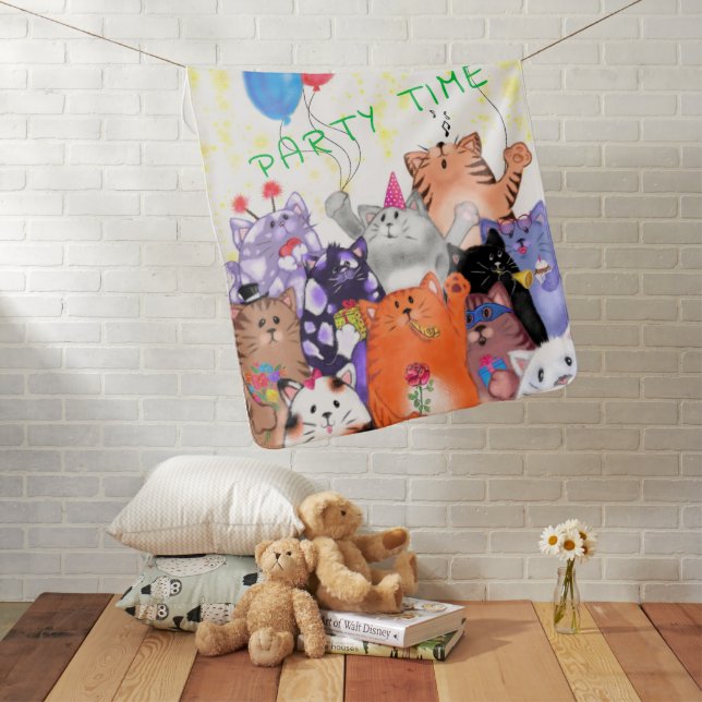 Happy Cat Party Funny Baby Blanket - Custom Text (In Situ)