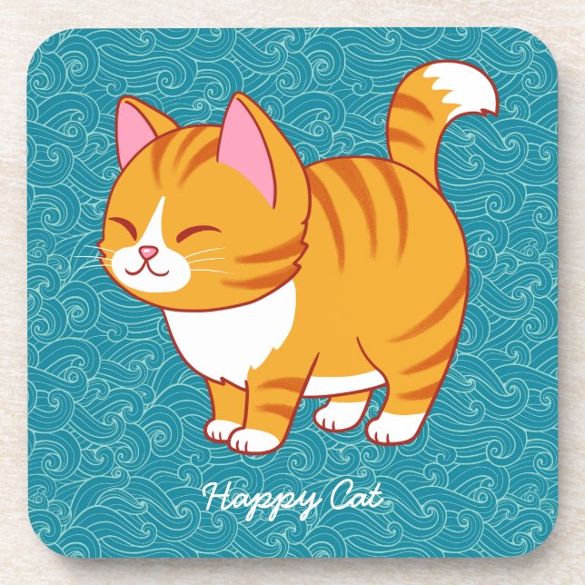 Happy Cat Personalized  Beverage Coaster (Front)