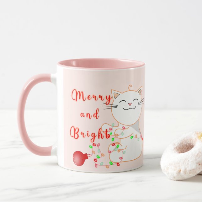 Happy Cat Playing With LED Light | Cute Christmas  Mug (With Donut)