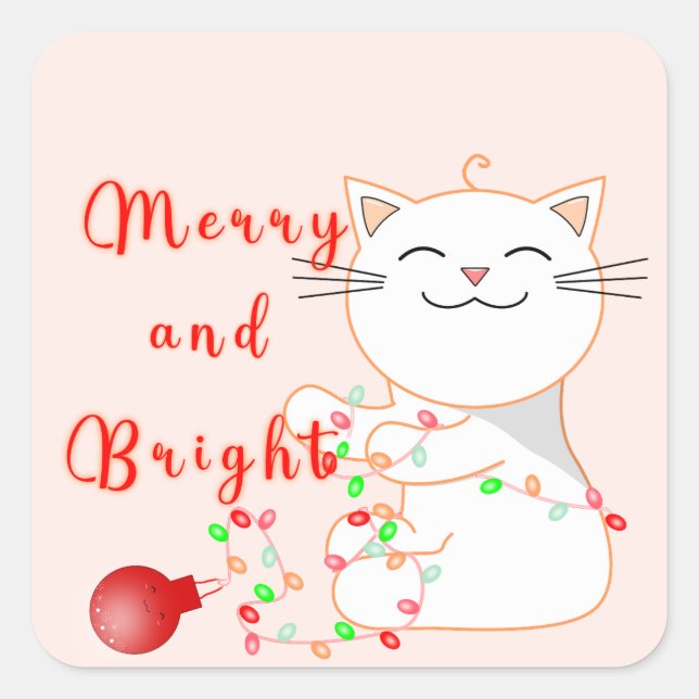 Happy Cat Playing With LED Light | Cute Christmas  Square Sticker (Front)