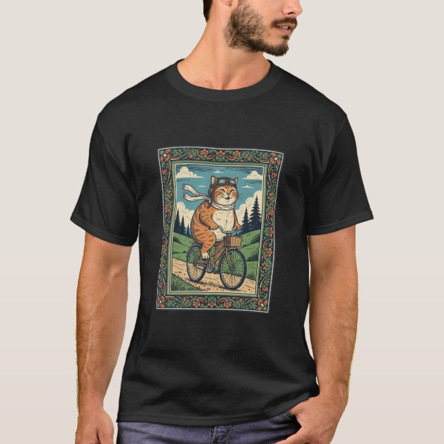 Happy cat Riding bicycle on linocut art T-Shirt (Front)