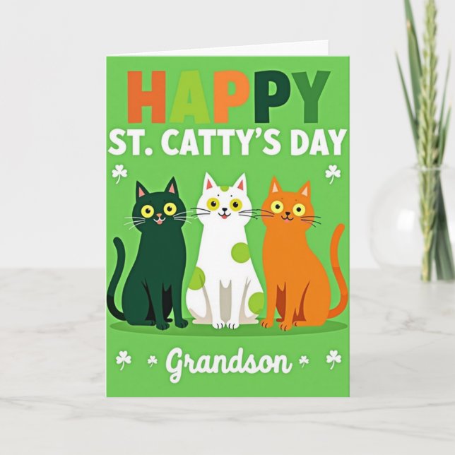 Happy Cat St Cattys Day Grandson Card (Front)
