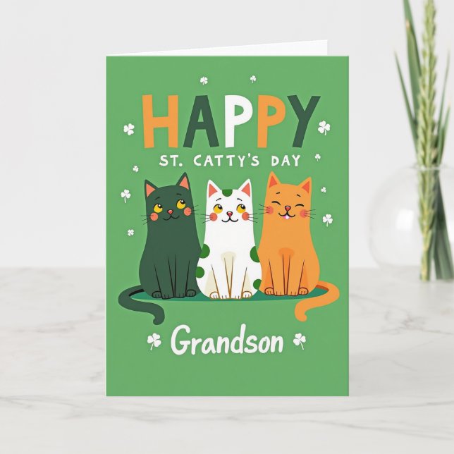 Happy Cat St Pattys Day Grandson Card (Front)