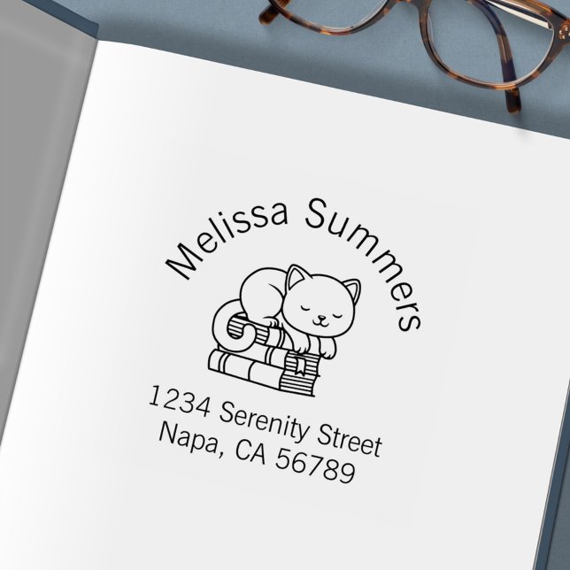 Happy Cat Stack of Books Arch Address Self-inking Stamp (Creator Uploaded)