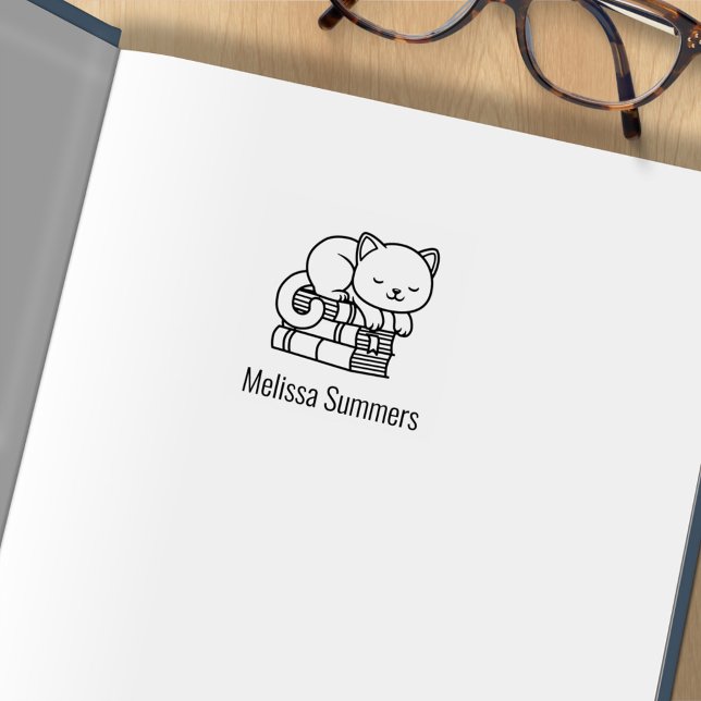 Happy Cat Stack of Books Name Bookplate 1x1 Rubber Stamp (Creator Uploaded)