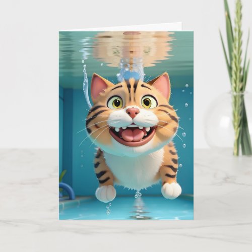 Happy Cat Swimming Diving Underwater in Pool Blank Card